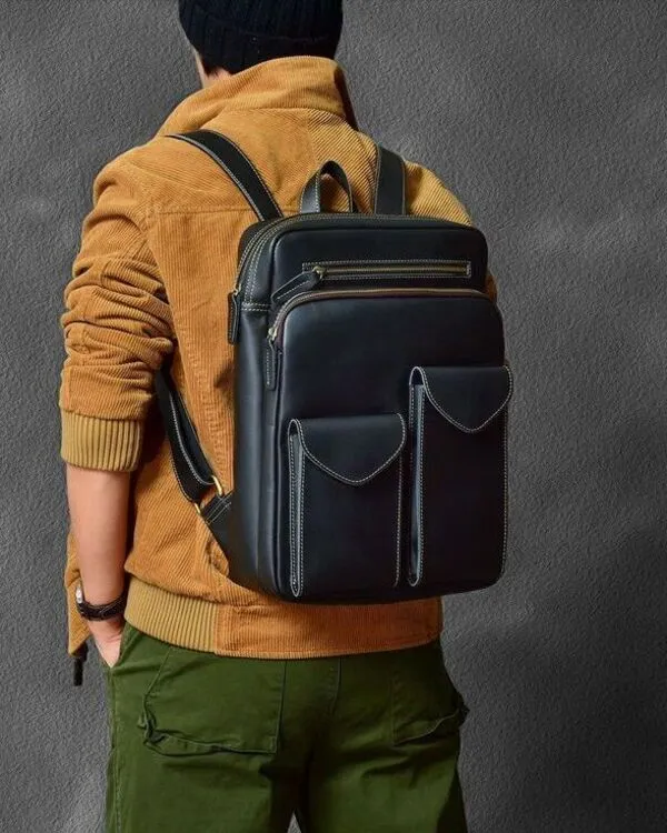 Cowhide Custom Black Leather Backpack