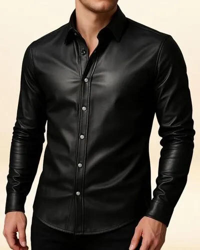 Men Sheepskin Black Leather Shirt