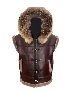 Men's Brown hooded Fur Leather Vest