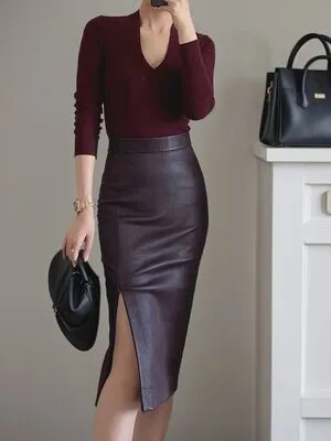 Midi & Knee-Length Leather Skirt