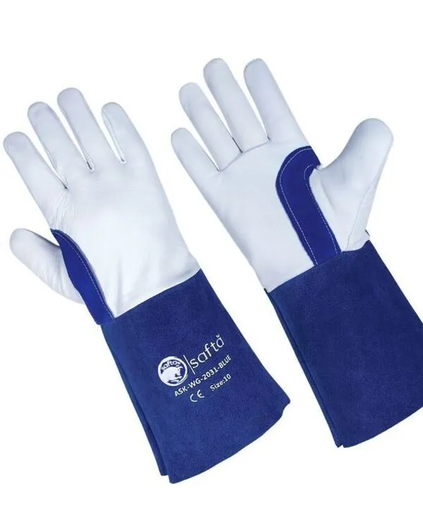 White and Blue Split Leather Custom Welding Glove